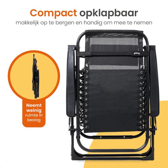 Goliving Opvouwbare Ligstoel - 3 Standen - 110 x 66 x 178 cm - Verstelbare Tuinstoel met Tafel - Inklapbare Campingstoel - Loungestoel Buiten - Vouwstoel Tuin - Zwart