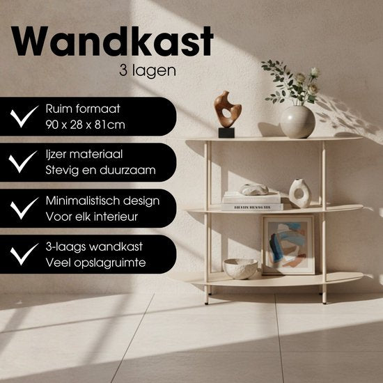 Mica Decorations Wandrek – Opbergrek en Metalen Wandrek voor Decoratie Woonkamer – Geschikt voor Planten en Accessoires – Stevig Rek van IJzer – 90 x 28 x 81 cm – Off-white