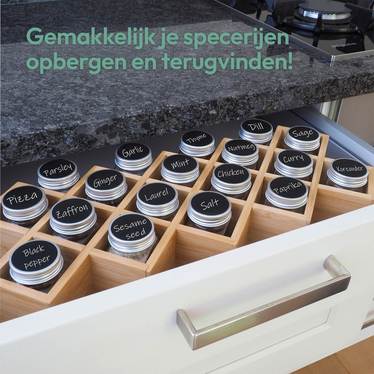 Gadgy Kruidenrek met 18 Glazen Kruidenpotjes met Strooideksel - incl. Labels en Marker - Bamboe - Hout - 43 x 18cm