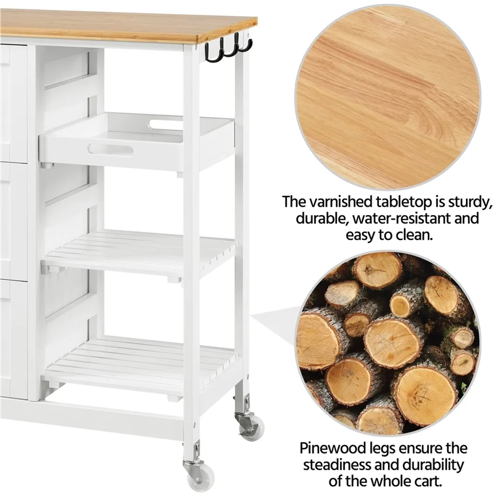 Yaheetech Keukentrolley op Wielen – Wit/Bamboe – 67 x 37 x 84,5 cm – Met 3 Lades en 3 Planken