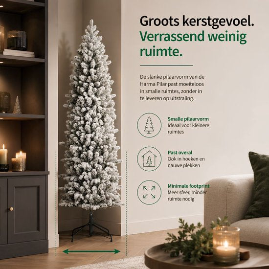 Black Box Trees Harma Slim Kerstboom met Sneeuw en Scharnierconstructie voor Snelle Montage - Kunstboom voor Kleine Ruimtes - Kerstversiering voor Binnenshuis - H185 x Ø63 cm - Groen Frosted
