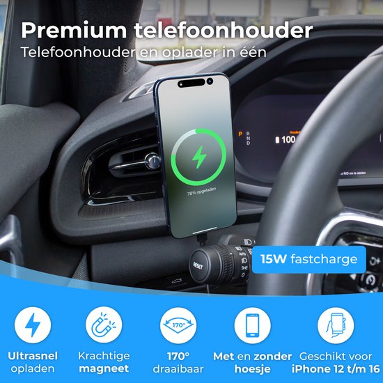 Nuvance Telefoonhouders Auto - Geschikt voor MagSafe iPhone 12/13/14/15/16 - Telefoonhouder - Draadloze Oplader - Gsm Houder Auto