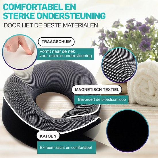 MiRi Nekkussen –【Luxe】Reiskussen – Neksteun – Traagschuim – Zwart – Memory Foam – Ergonomisch – Vliegtuig / Auto / Thuiswerken