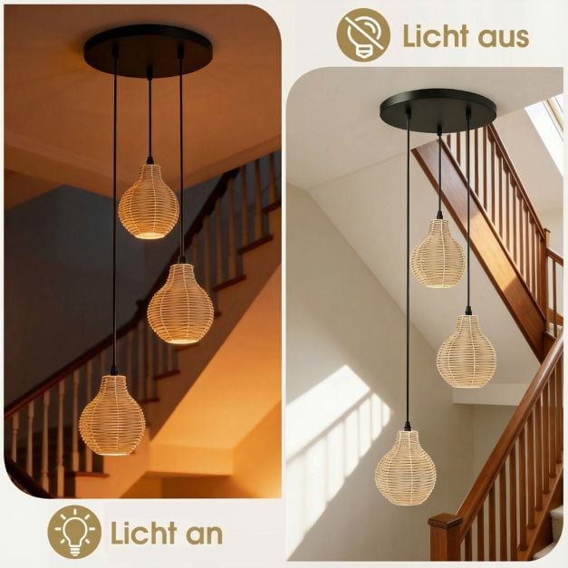 Coast 3-lichts Rotan Hanglamp – Verstelbaar 24-102 cm – Ø 30 cm – Zwart en Beige