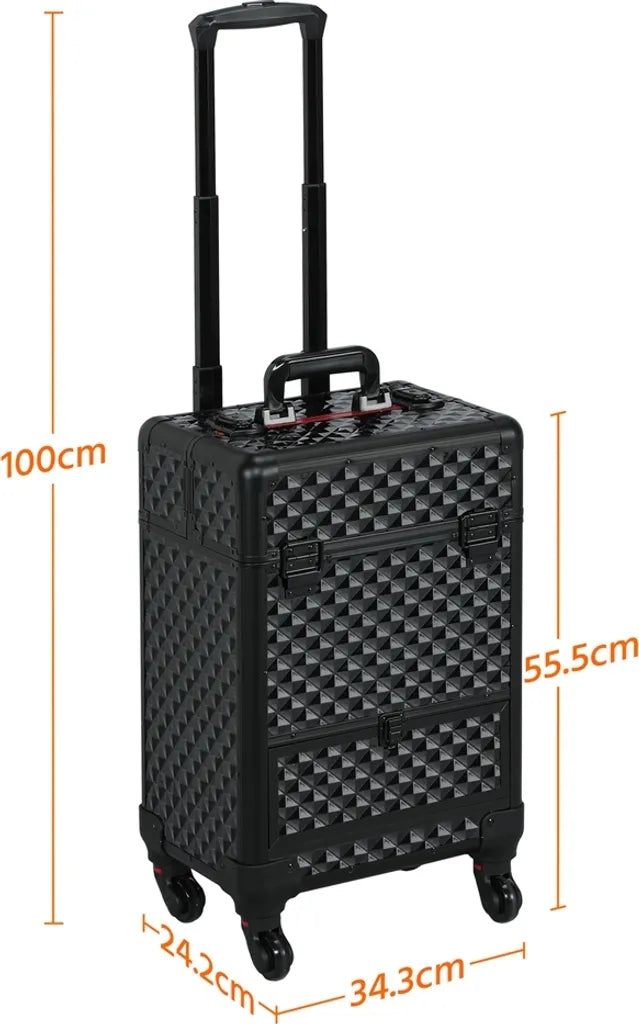 Yaheetech Trolley Make-up Koffer met Lade en Telescoopgreep - Zwart/Zilver - 34,5 x 24,5 x 55,5 cm