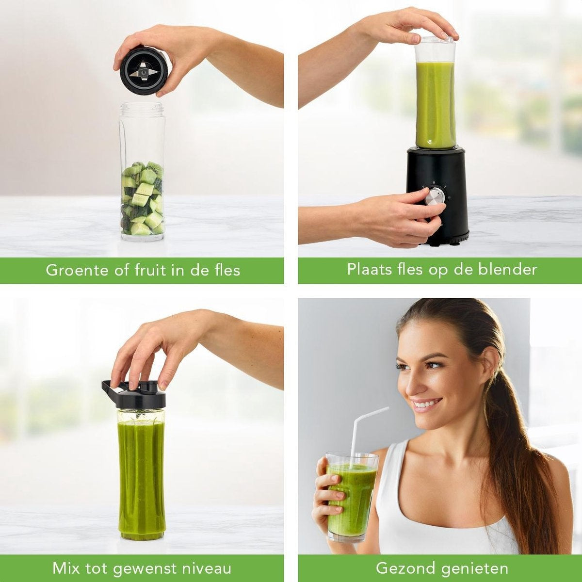 KitchenBrothers Mini Blender - Smoothie Maker - 2 To-Go Bekers - 350W - Zwart