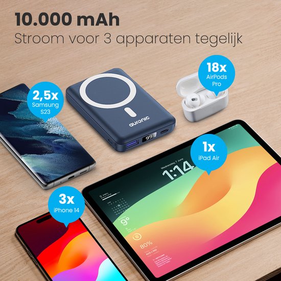 Auronic Powerbank - 10000 mAh - Geschikt voor iPhone 12/13/14/15 en MagSafe - 22.5W - Draadloos opladen - Blauw