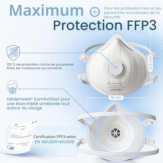 Heldenwerk FFP3 Stofmasker met Ventiel - Pak van 10 - Fijnstofmasker met Verstelbare Hoofdband