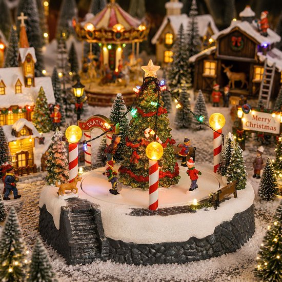 Luville Kerstdorp Kerstboomscène met Schaatsbaan - Kerstversiering met Bewegende Figuren en LED-verlichting - Guirlande op Batterijen - Kerstslingers voor Binnen - 22 x 22 x 18,5 cm - Wit