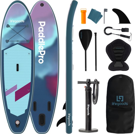 LifeGoods SUP Board Allround Compact - met Zitje - 100 KG Draagkracht - 300 x 76 cm - Opblaasbaar - Compleet SUP pakket - Blauw/Paars