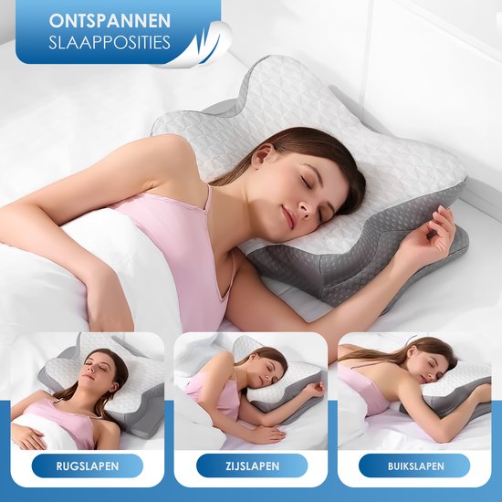 Maqi Living® Hoofdkussen Memory Foam voor Nekklachten – Orthopedisch & Ergonomisch kussen - Geschikt voor rug-, zij- en buikslapers - Traagschuim - Grijs/wit