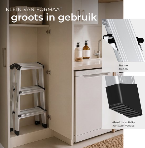 tectake® Dubbelzijdige Aluminium Keukentrap - 3 Treden - 58 cm - Stevige Trap Ladder - Opklapbaar Opstapje - Antislip Huishoudtrap