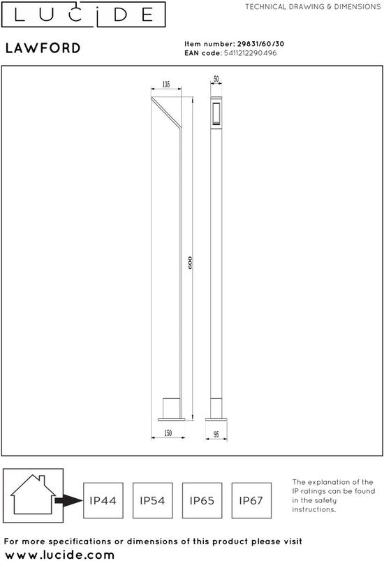 Lucide LAWFORD - Sokkellamp - LED - 1x6W 3000K - IP54 - Zwart