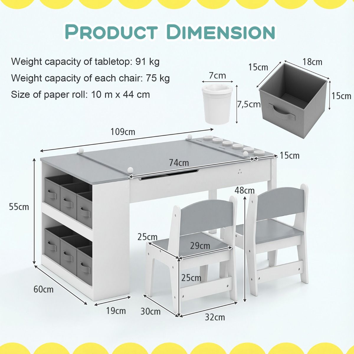Coast Kindertafel en Stoelenset - 2-in-1 tekentafel met opbergruimte en papierrol - grijs