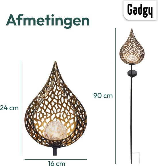 Gadgy Solar Tuinfakkel Druppel met Grondspies - Solar Tuinverlichting Set van 2 st. - Tuinsteker 90CM Hoog - Tuinverlichting op Zonneenergie Buiten - Led Buitenverlichting met Sensor - Tuinlantaarn - Koperkleurig Metaal
