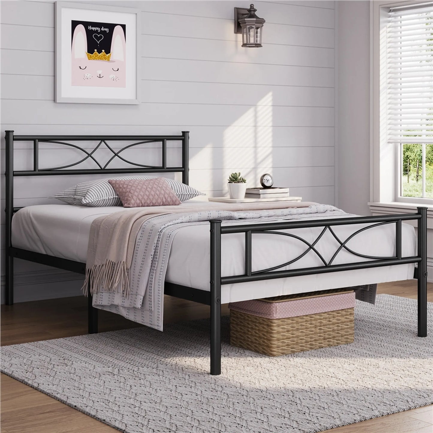 Yaheetech Metalen Bedframe 90 x 200 cm - Zwart - 204 kg - Met Hoofdbord en Voetbord - 32 cm Onderbedopslag