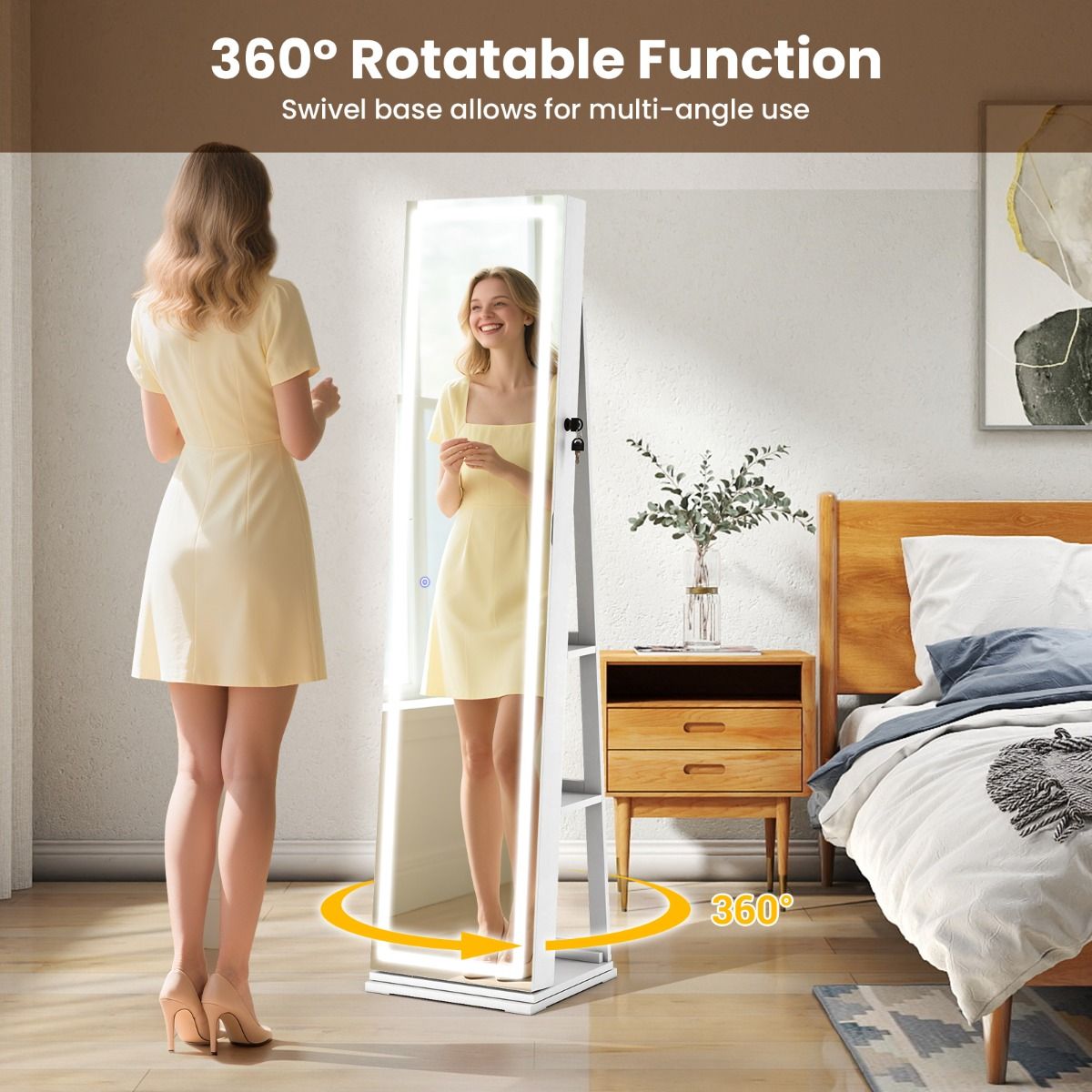 Coast 360° Draaibare Sieradenkast met Passpiegel en LED Verlichting - Wit - 43 x 38 x 160 cm