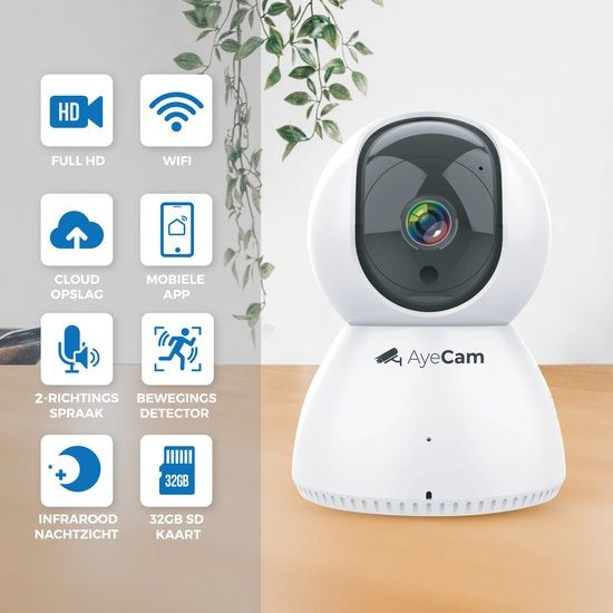 AyeCam Beveiligingscamera – Met App - WiFi - Bewegingssensor - Incl. 32GB SD - Camera Beveiliging - Huisdiercamera