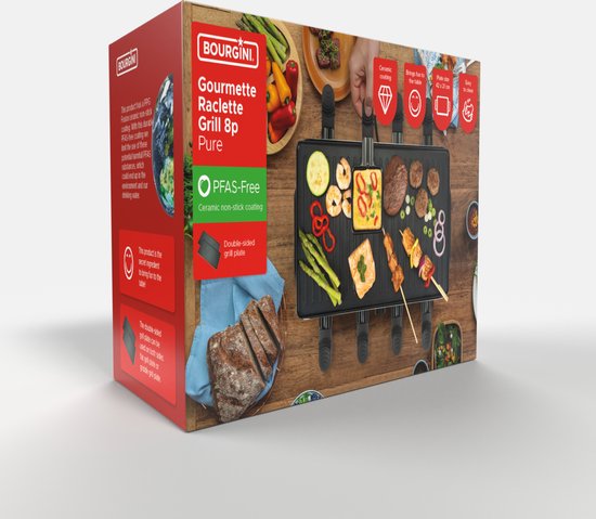 Bourgini Gourmette Raclette Pure - Gourmetstel met omkeerbare Grill & Bakplaat - Raclette 8 personen - 21x42 cm - PFAS-vrije coating - Regelbare thermostaat - incl. 8 spatels en pannetjes