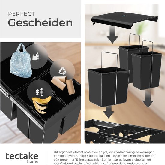 tectake® Afvalverzamelaar - Inbouw vuilnisbak - Meervoudige afvalscheiding - Efficiënte opruimoplossing voor keuken en kantoor - Driedubbele prullenbak met telescooprails - 2x 8L + 1x 15L