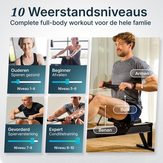 Flowsense Roeitrainer op Luchtweerstand – Professionele Roeimachine – 10 Weerstandsniveaus – Inklapbaar – Full Body Workout – Bluetooth App & LCD Monitor – Max. 200 kg – Roeitrainers - Voor Thuis & Sportschool