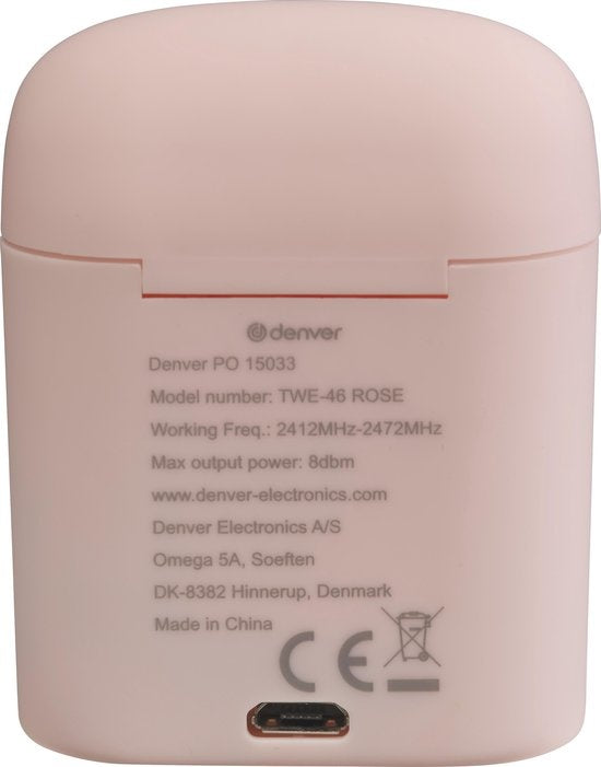Denver TWE-46 - Earbuds - Wireless - Draadloos Oordopjes - Bluetooth - met oplaad case - handsfree - sporten - headset - In-ear - Bluetooth 5.0 - Roze