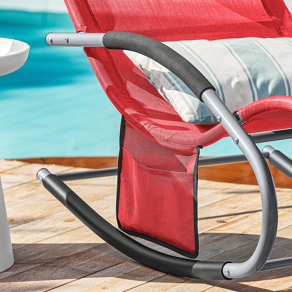 SoBuy OGS28-Rx2 Ligstoelen Set van 2 – Rood – 143x57x85 cm – Ergonomische Schommelstoelen met Hoofdsteun en Zijvak