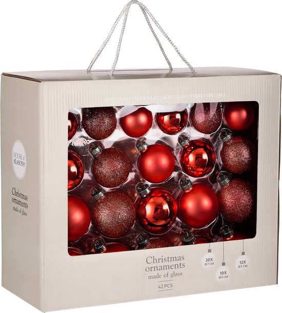 Mica Decorations Kerstballenset 42 Stuks - Kerstballen voor een Sterke Basis - Kerstversiering met Mat, Glans en Glitter - Piek in Meerdere Formaten - Ø7 cm - Rood
