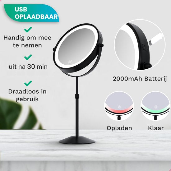 Mirlux Make Up Spiegel met LED Verlichting - 10x Vergroting Licht – Hoogte Verstelbaar - 3 Lichtstanden - Oplaadbaar - Vergrootspiegel Zwart