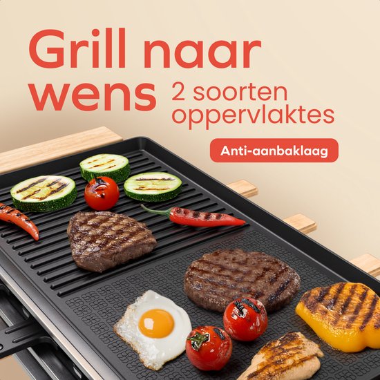 KitchenBrothers Gourmetstel - 950W - Gourmetplaat 8 Personen - Set met Pannetjes en Spatels - 46,5 x 23 cm - Hout/Zwart