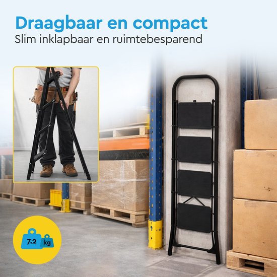 BRASQ Huishoudtrap 4-treden Zwart - keukentrap inklapbaar metaal voor Particulier en professioneel gebruik - Trap Ladder - Anti slip