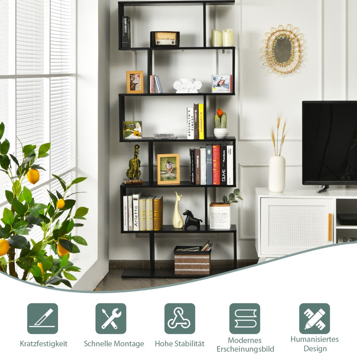 Coast Standregal 6 Level S-vorm Boekenkast opslagplek hout kleurselectie zwart-zwart