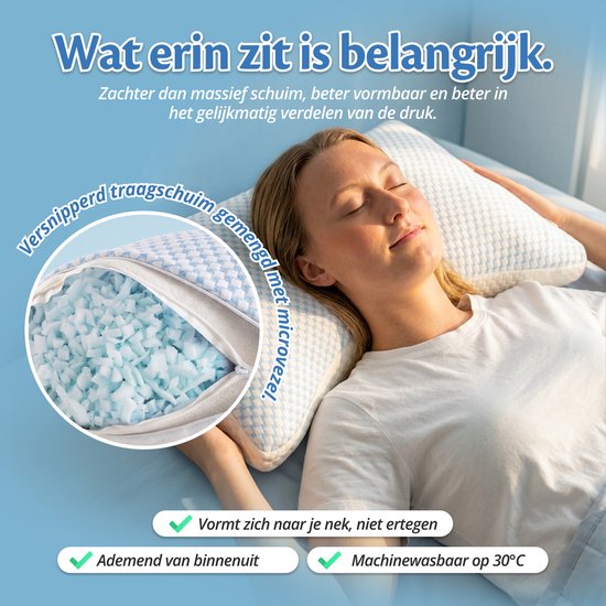 Ella Moon Hoofdkussen Memory Foam - Kussen 50x70 CM - Afstelbaar Traagschuim Nekkussen voor Zij- en Rugslapers - Ergonomisch en Orthopedisch: Vermindert Nekklachten