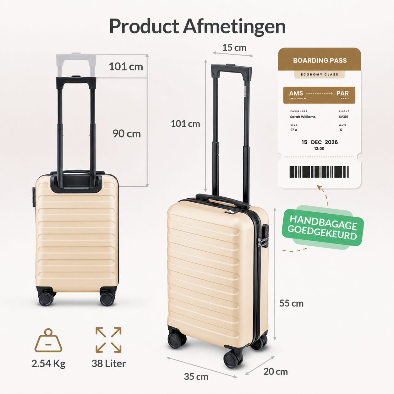 NOHRD Handbagage Koffer - 38 L - Champagne - Reiskoffer - 55x35x20 cm - Trolley - Lichtgewicht - Incl. Slot