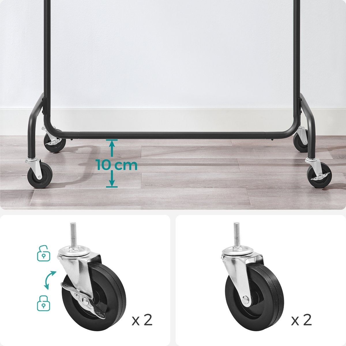 O'DADDY® Kledingrek op wieltjes - Garderoberek - Uitschuifbare Hangstang - Stevig Ontwerp - Stabiel tot 130kg- Metaal - Zwart