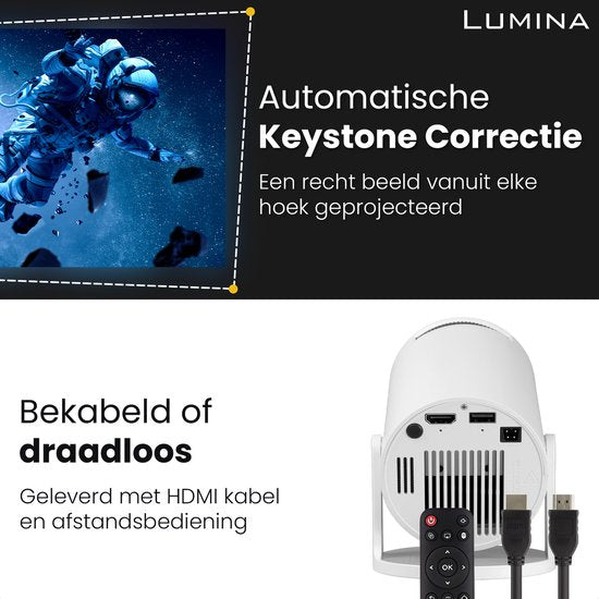 Lumina Mini Pro Beamer - Thuisbioscoop - Projector - Android 11.0 - WiFi 6 & Bluetooth 5.2 - 4k Beeldkwaliteit - Projectorscherm - Wit