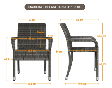 Yaheetech Rotan Tuinstoelen Set van 2 - Grijs - 58 x 58 x 84 cm - Stapelbaar, met Armleuning