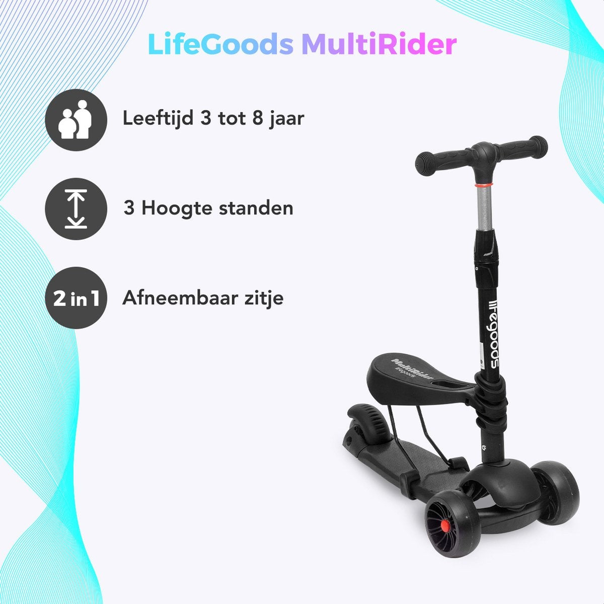 LifeGoods MultiRider Kinderstep - Step 3-8 Jaar - Verstelbaar Zitje - Lichtgevende Wielen - Jongens/Meisjes - Zwart