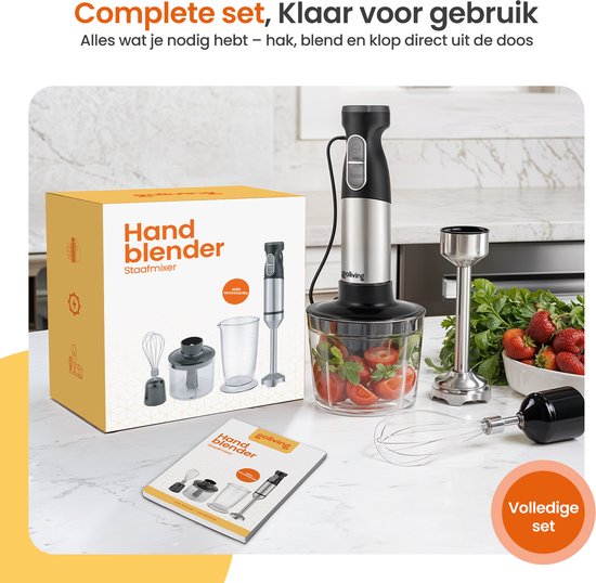 Goliving Staafmixer Set 5-in-1 - Hakmolen - Maatbeker - Garde - 1000W - Vaatwasserbestendige Accessoires - RVS - Zwart