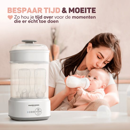 Vulpes Goods® - Flessen Sterilisator - 5-in-1 Functie - Met Droogfunctie & Warmhoudstand - Voor Babyflessen & Borstkolven - BPA-vrij - Kunststof & Wit