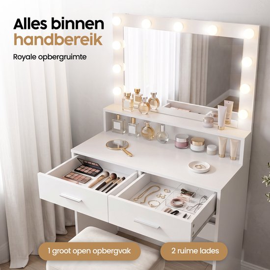 Infinity Goods Kaptafel - Make Up Tafel - Met Spiegel en 11 LED Lampen - Veel opbergruimte - Dimbaar - Wit