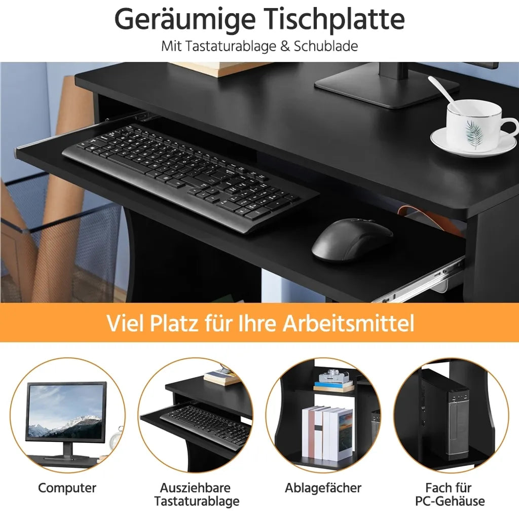 Yaheetech Computerbureau met Toetsenbordlade en Wielen - Zwart - 80 x 48 x 76 cm