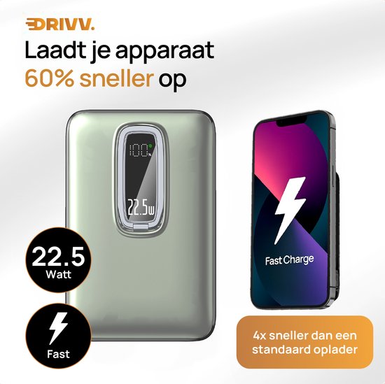 Powerbank 10.000 mAh geschikt voor MagSafe met USB C Kabel - 3 in 1 Ontwerp - 22.5W Draadloze Powerbank - Inclusief 60W Oplaadkabel - Snellaadfunctie - USB & USB C - Zwart -