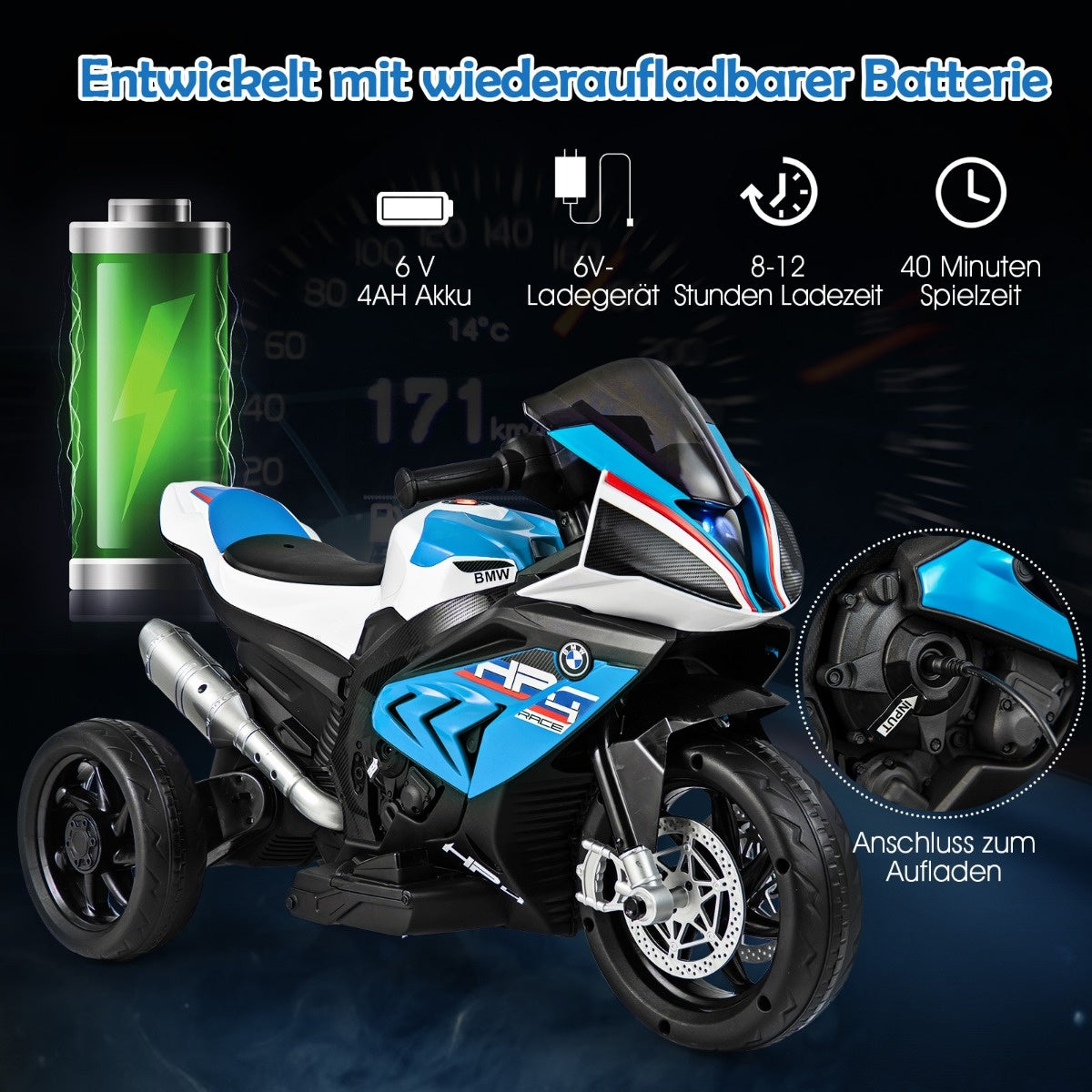 Coast 3-wielmotorfiets opladen kan worden opgeladen met muziek 82,5 x 42 x 54 cm blauw