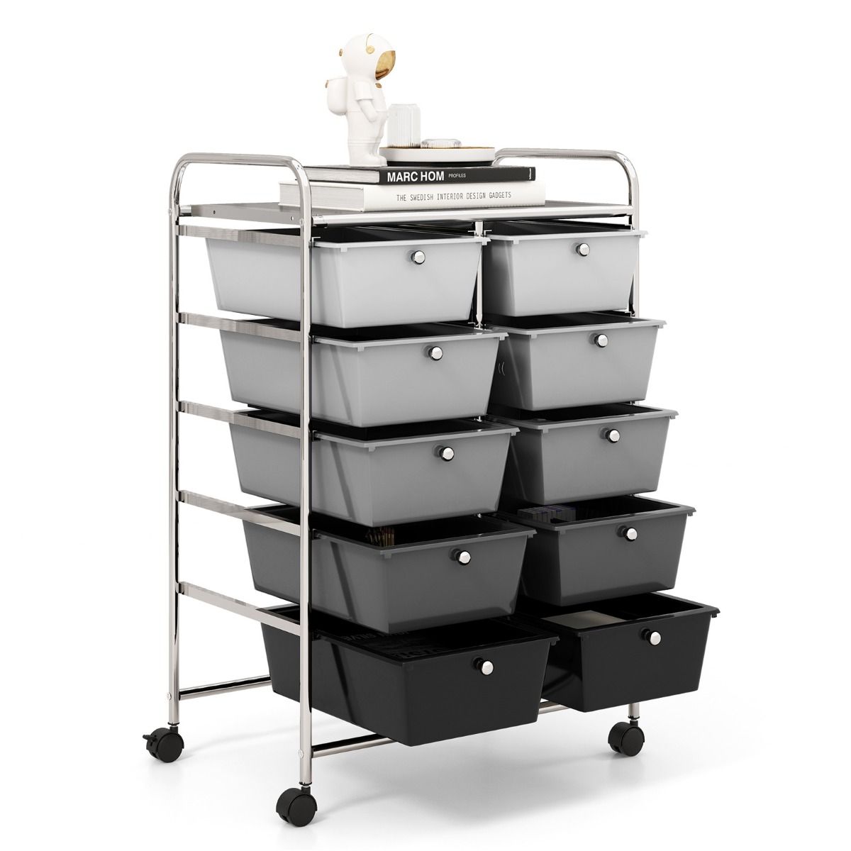 Coast Opbergwagen met 10 lades - metalen frame - vergrendelbare wielen - zwart en grijs