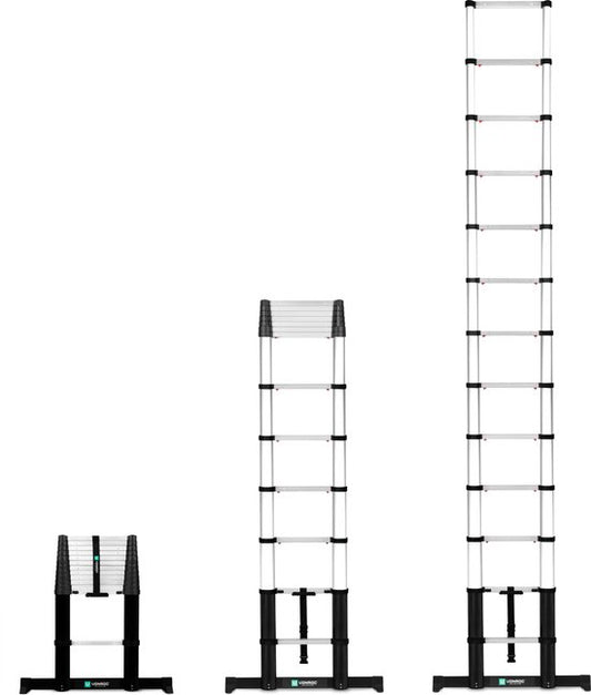 VONROC PRO telescoopladder - 3,80 meter - goedgekeurd volgens EU- en NL-veiligheidsnormen - softclose - geïntegreerde muursteunen en dwarsbalk voor meer grip en veiligheid