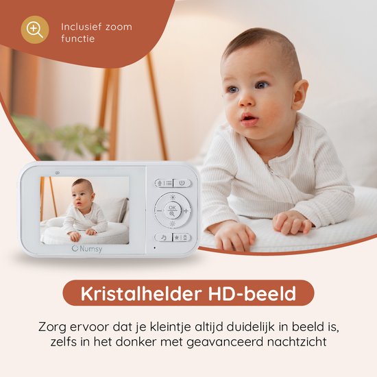 Numsy Babyfoon – Met Camera, Nachtzicht & Terugspreekfunctie – 300 m bereik – 10 x 10 x 4 cm – Wit