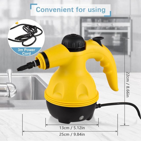 Fuegobird A001 Handheld Stoomreinigers - 1000W Handstomer - Vlekkenreiniger - Tapijtreiniger - 9 Opzetstukken - Vloeren, Bank, Tapijt, Badkamer & Keuken - 450ML Tank - Geel