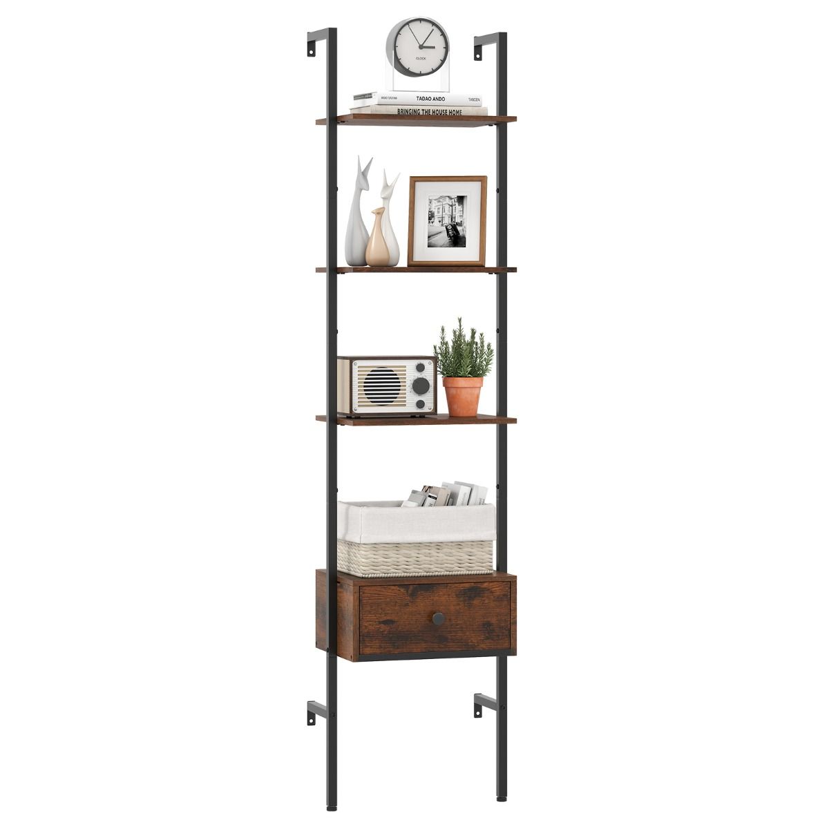 Coast Ladderboekenkast met lade - 5 lagen - metalen frame - rustiek bruin en zwart