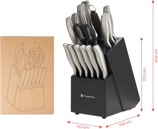 KitchenBrothers Messenset - Messenblok - 16-Delig - met Schaar en Aanzetstaal - Zilver/ RVS